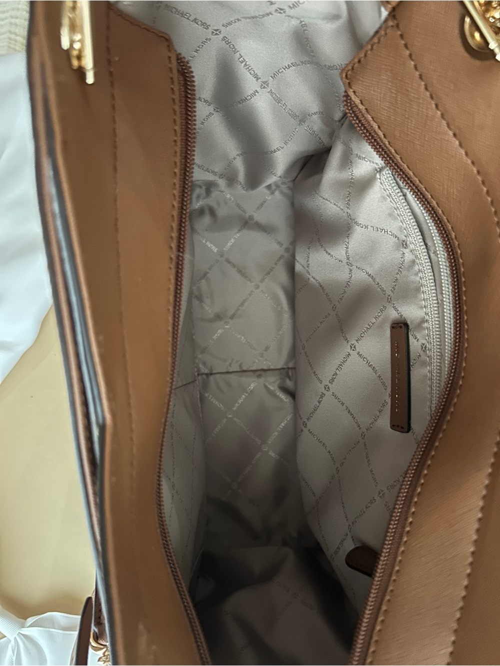 Michael Kors Chestnut Saffiano Leather Tote with Gold Chain Straps - Picture 4 of 4
